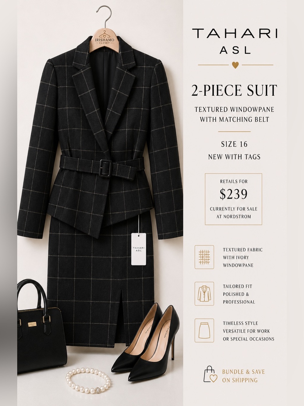 NWT Tahari ASL Black Windowpane Belted Two-Piece Skirt Suit | Size 16
